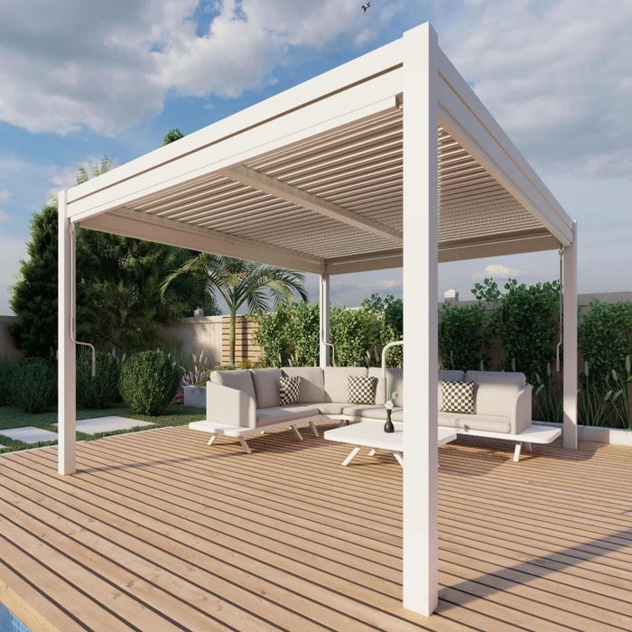 Maze Como - 4m x 4m Aluminium Metal Outdoor Garden Pergola with 4 Drop Sides & LED Lighting - White