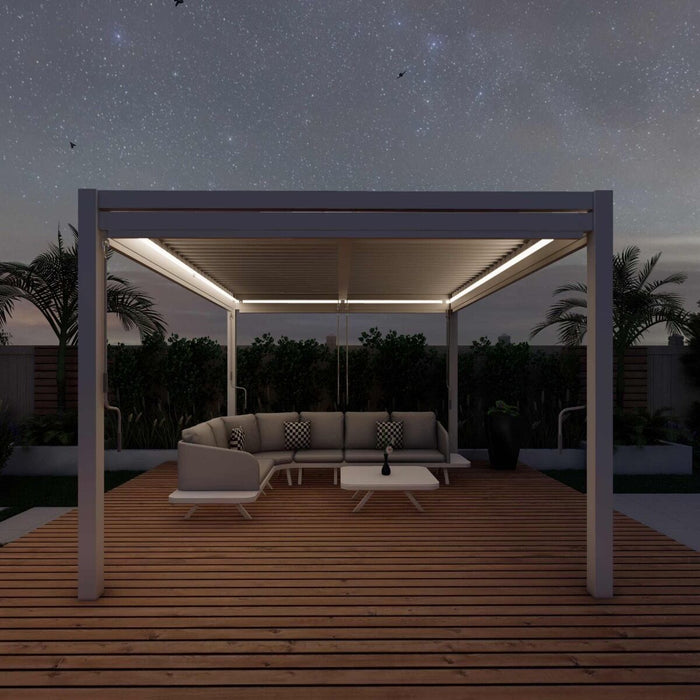 Maze Como - 3m x 4m Aluminium Metal Outdoor Garden Pergola with 4 Drop Sides & LED Lighting - White