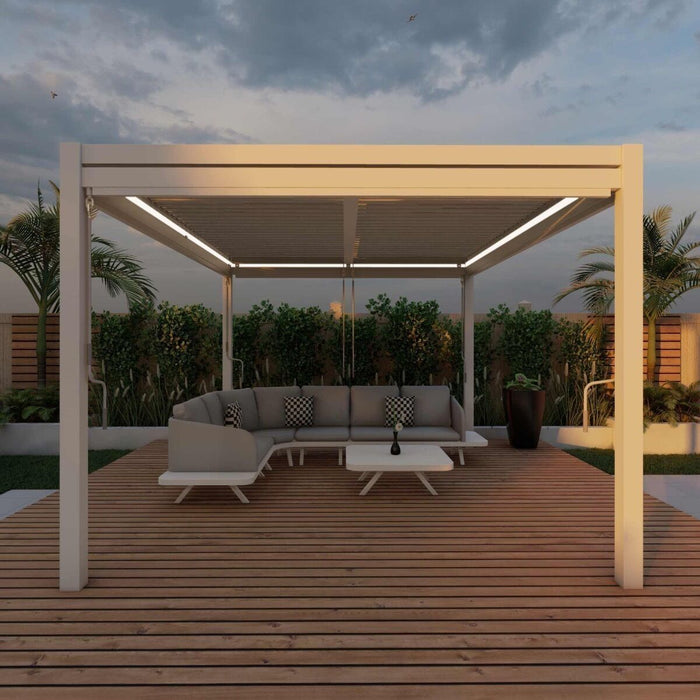 Maze Como - 3m x 3m Aluminium Metal Outdoor Garden Pergola with 4 Drop Sides & LED Lighting - White