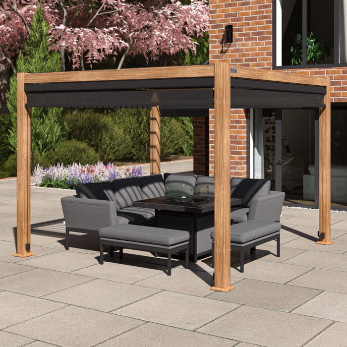 Maze Como - 3m x 3m Aluminium Metal Outdoor Garden Pergola with 4 Drop Sides & LED Lighting - Wood Effect