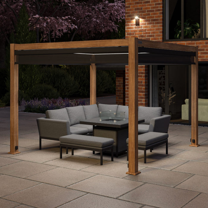 Maze Como - 3m x 3m Aluminium Metal Outdoor Garden Pergola with 4 Drop Sides & LED Lighting - Wood Effect