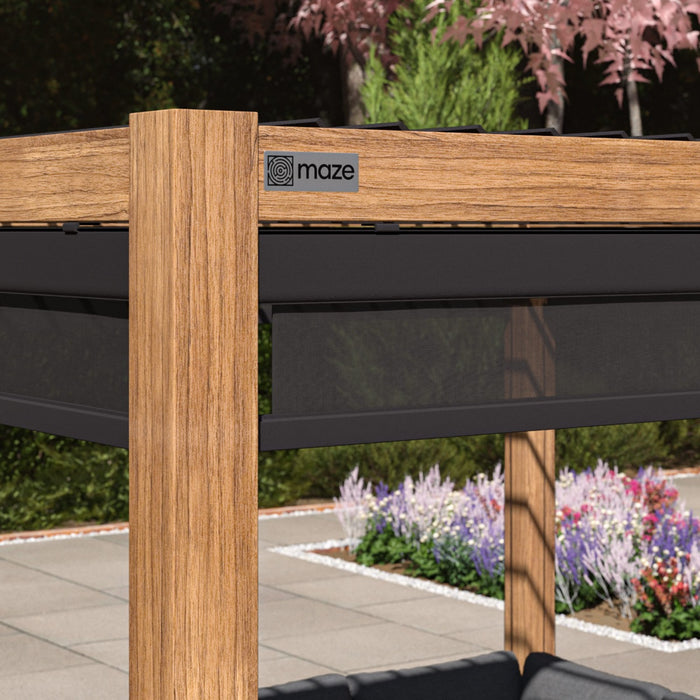 Maze Como - 3m x 3m Aluminium Metal Outdoor Garden Pergola with 4 Drop Sides & LED Lighting - Wood Effect