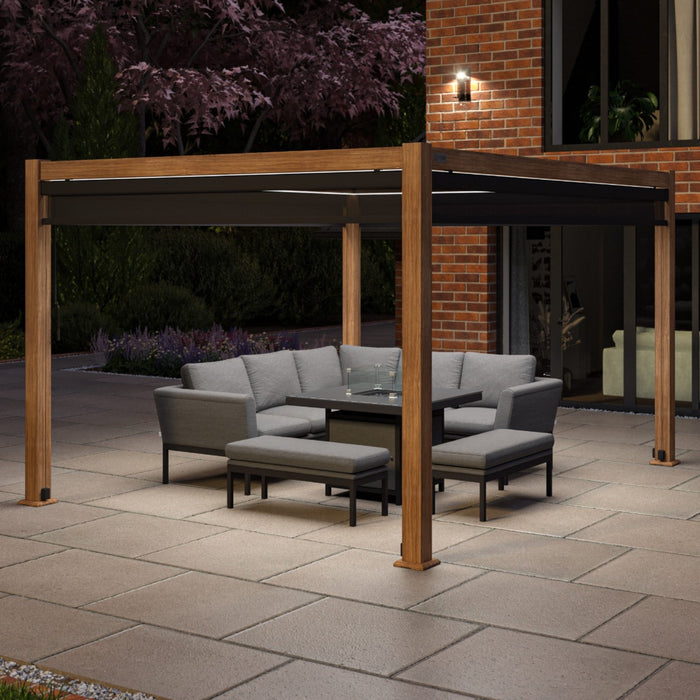 Maze Como - 3m x 4m Aluminium Metal Outdoor Garden Pergola with 4 Drop Sides & LED Lighting - Wood Effect