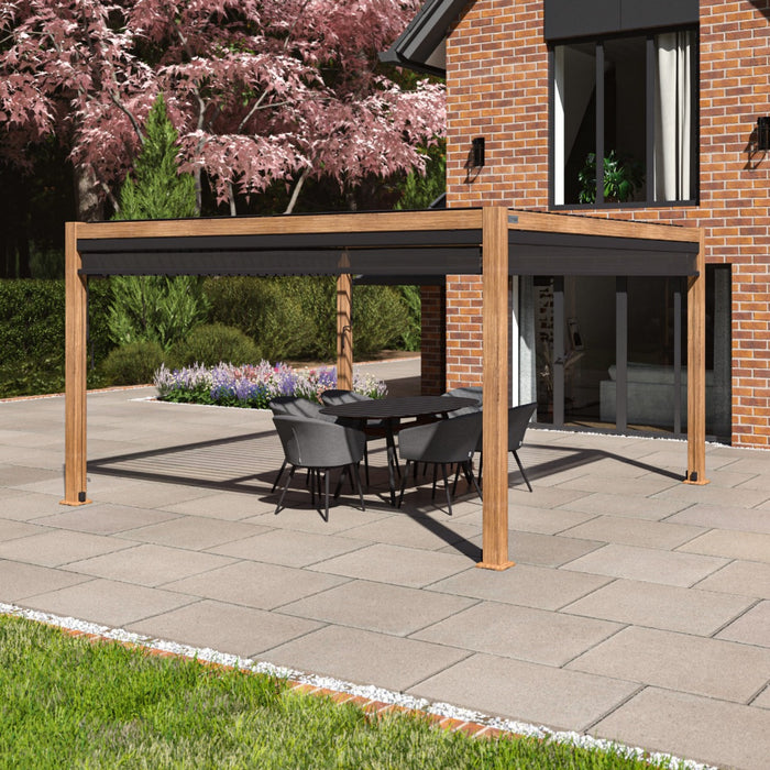 Maze Como - 4m x 4m Aluminium Metal Outdoor Garden Pergola with 4 Drop Sides & LED Lighting - Wood Effect