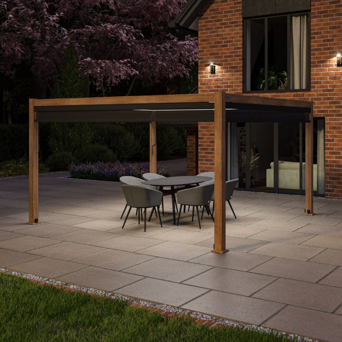 Maze Como - 4m x 4m Aluminium Metal Outdoor Garden Pergola with 4 Drop Sides & LED Lighting - Wood Effect