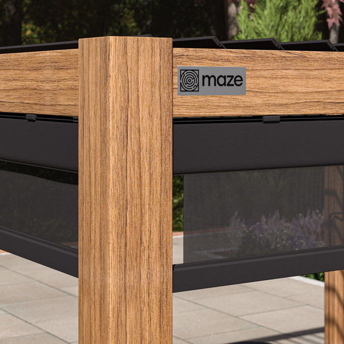 Maze Como - 4m x 4m Aluminium Metal Outdoor Garden Pergola with 4 Drop Sides & LED Lighting - Wood Effect