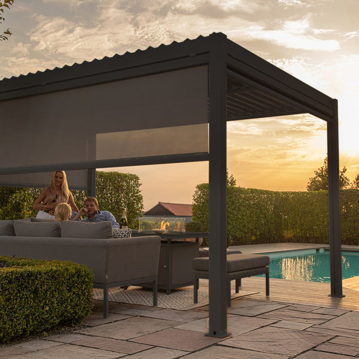 Maze Como - 3m x 3m Aluminium Metal Outdoor Garden Pergola with 4 Drop Sides & LED Lighting - Grey