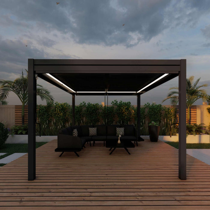 Maze Como - 3m x 3m Aluminium Metal Outdoor Garden Pergola with 4 Drop Sides & LED Lighting - Grey