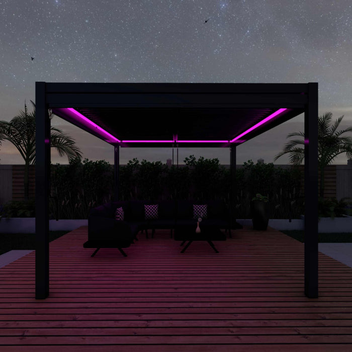 Maze Como - 3m x 3m Aluminium Metal Outdoor Garden Pergola with 4 Drop Sides & LED Lighting - Grey