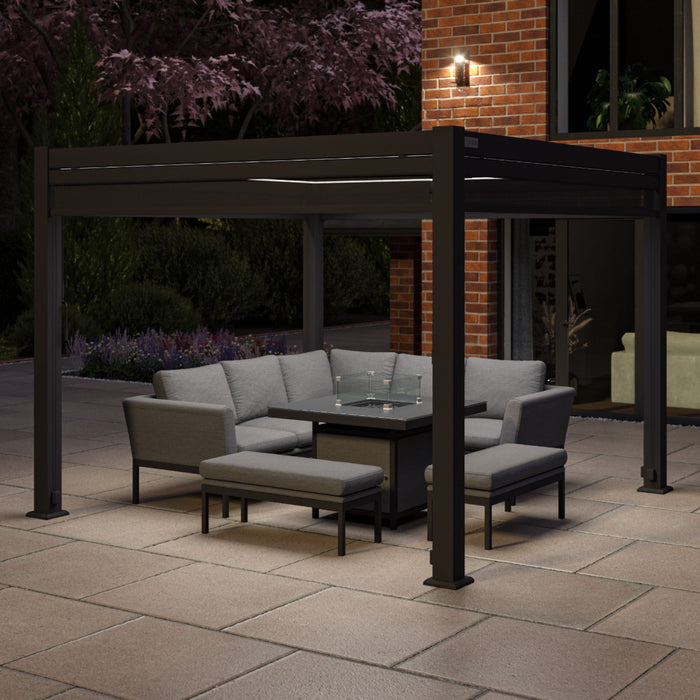 Maze Como - 3m x 3m Aluminium Metal Outdoor Garden Pergola with 4 Drop Sides & LED Lighting - Grey