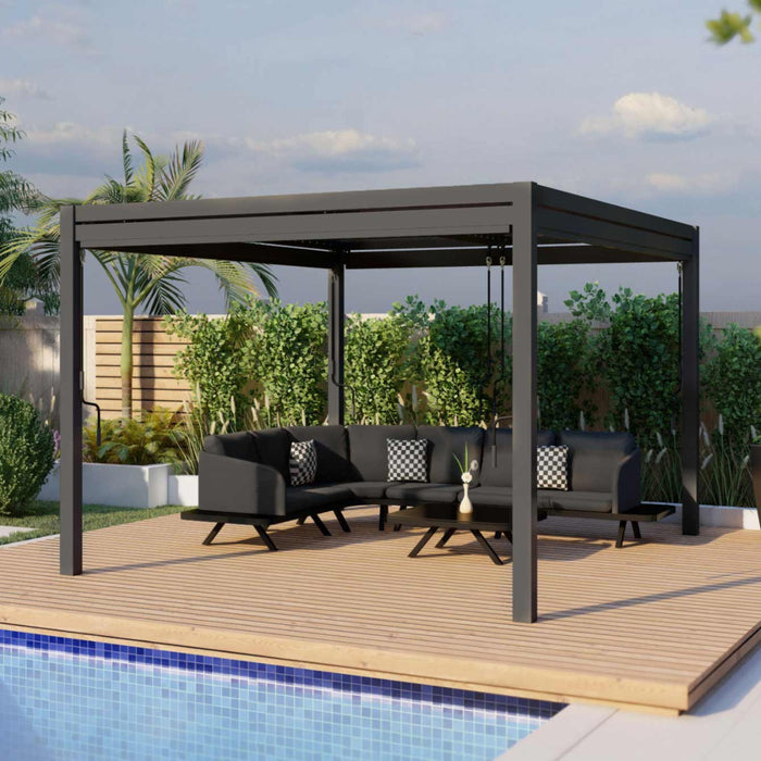 Maze Como - 3m x 3m Aluminium Metal Outdoor Garden Pergola with 4 Drop Sides & LED Lighting - Grey