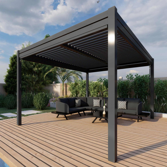 Maze Como - 3m x 3m Aluminium Metal Outdoor Garden Pergola with 4 Drop Sides & LED Lighting - Grey