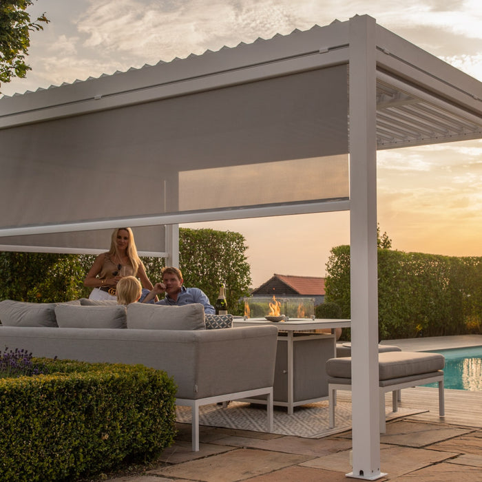 Maze Como - 3m x 3m Aluminium Metal Outdoor Garden Pergola with 4 Drop Sides & LED Lighting - White