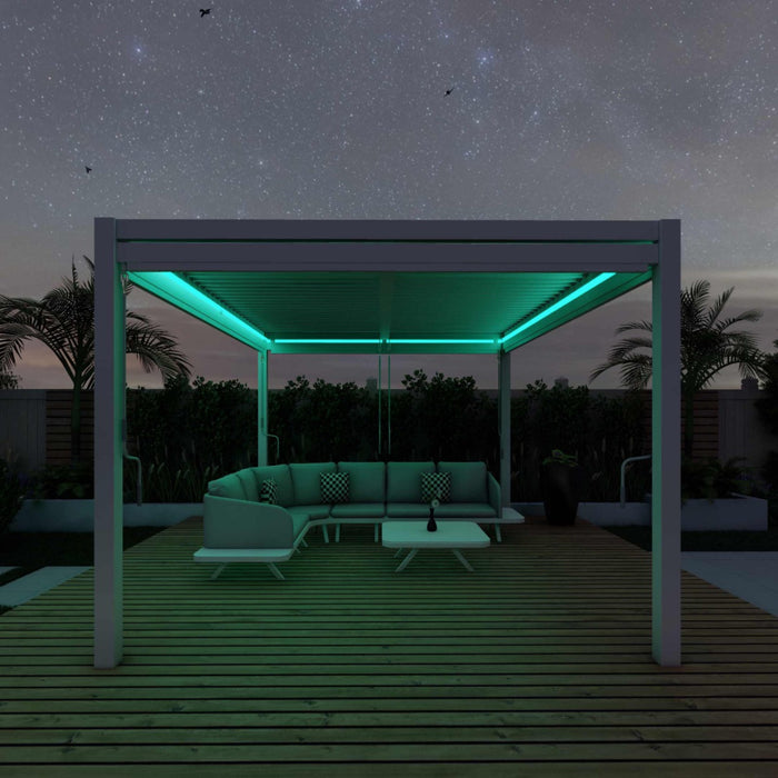 Maze Como - 3m x 3m Aluminium Metal Outdoor Garden Pergola with 4 Drop Sides & LED Lighting - White