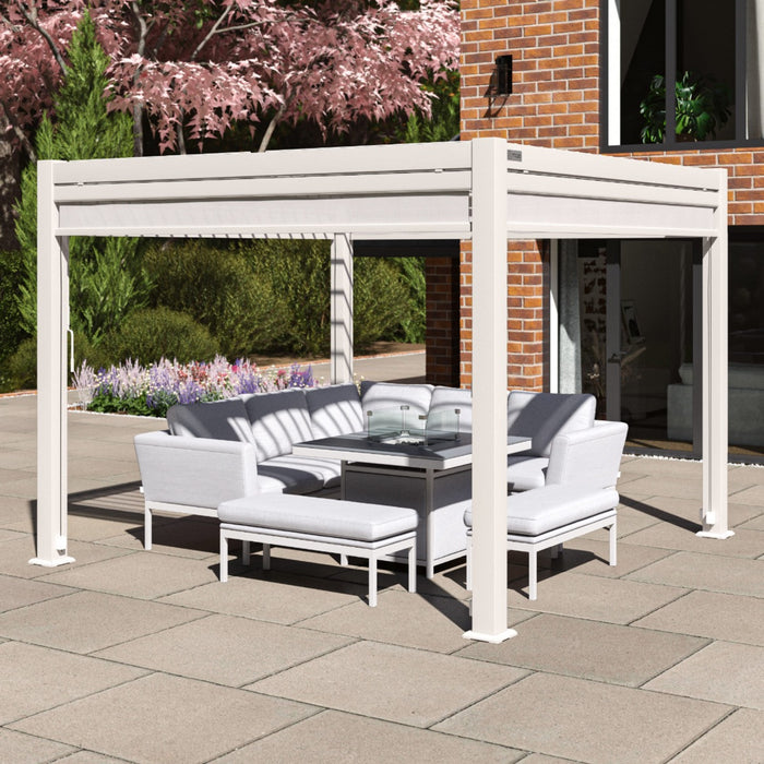 Maze Como - 3m x 3m Aluminium Metal Outdoor Garden Pergola with 4 Drop Sides & LED Lighting - White