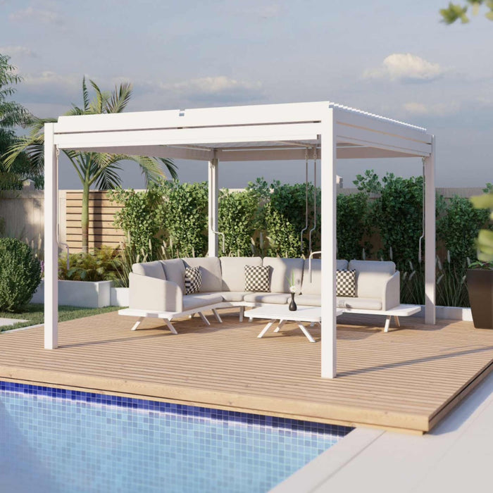 Maze Como - 3m x 3m Aluminium Metal Outdoor Garden Pergola with 4 Drop Sides & LED Lighting - White