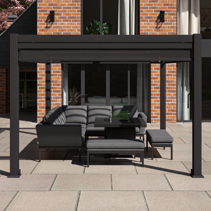 Maze Como - 3m x 4m Aluminium Metal Outdoor Garden Pergola with 4 Drop Sides & LED Lighting - Grey