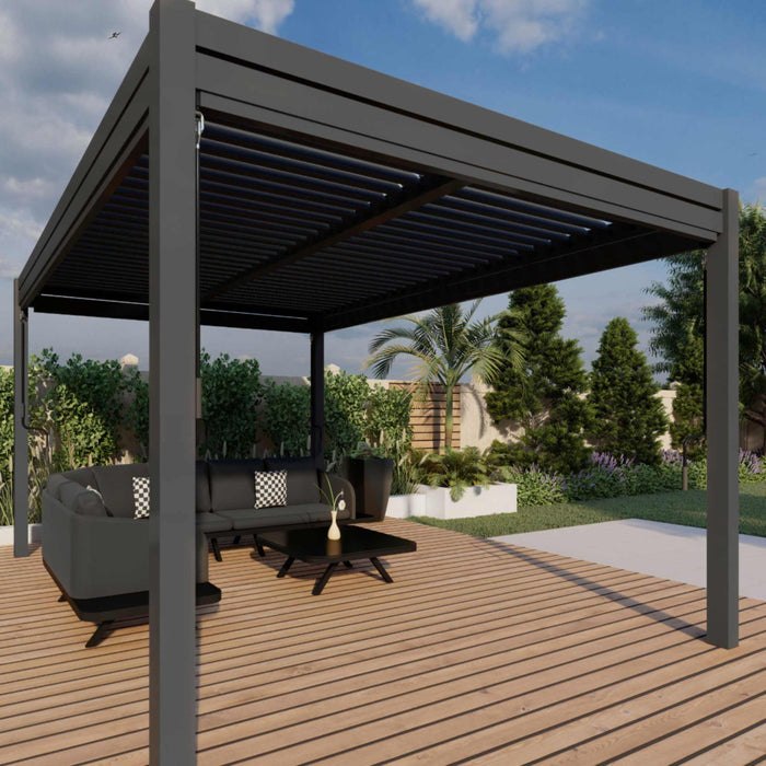 Maze Como - 3m x 4m Aluminium Metal Outdoor Garden Pergola with 4 Drop Sides & LED Lighting - Grey