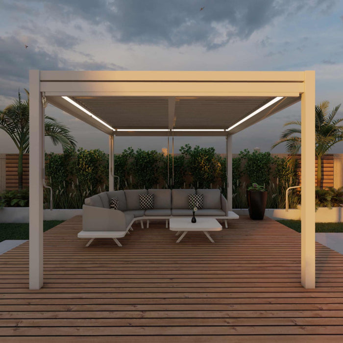 Maze Como - 3m x 4m Aluminium Metal Outdoor Garden Pergola with 4 Drop Sides & LED Lighting - White