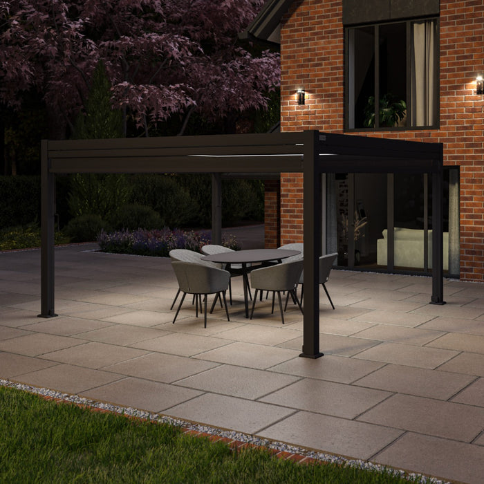 Maze Como - 4m x 4m Aluminium Metal Outdoor Garden Pergola with 4 Drop Sides & LED Lighting - Grey