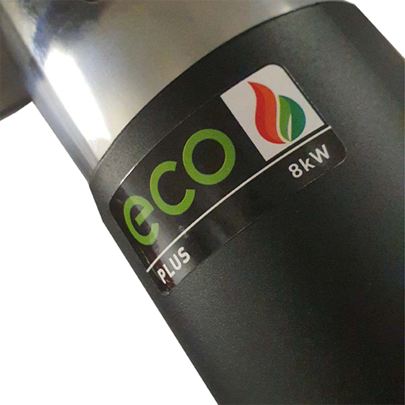 Close-up of a product with 'eco' and '8kW' branding on a white background