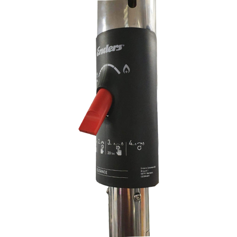 Close-up of a patio heater ignition with a red switch on a white background