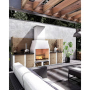 Outdoor patio with a fireplace, lounge furniture, and plants.