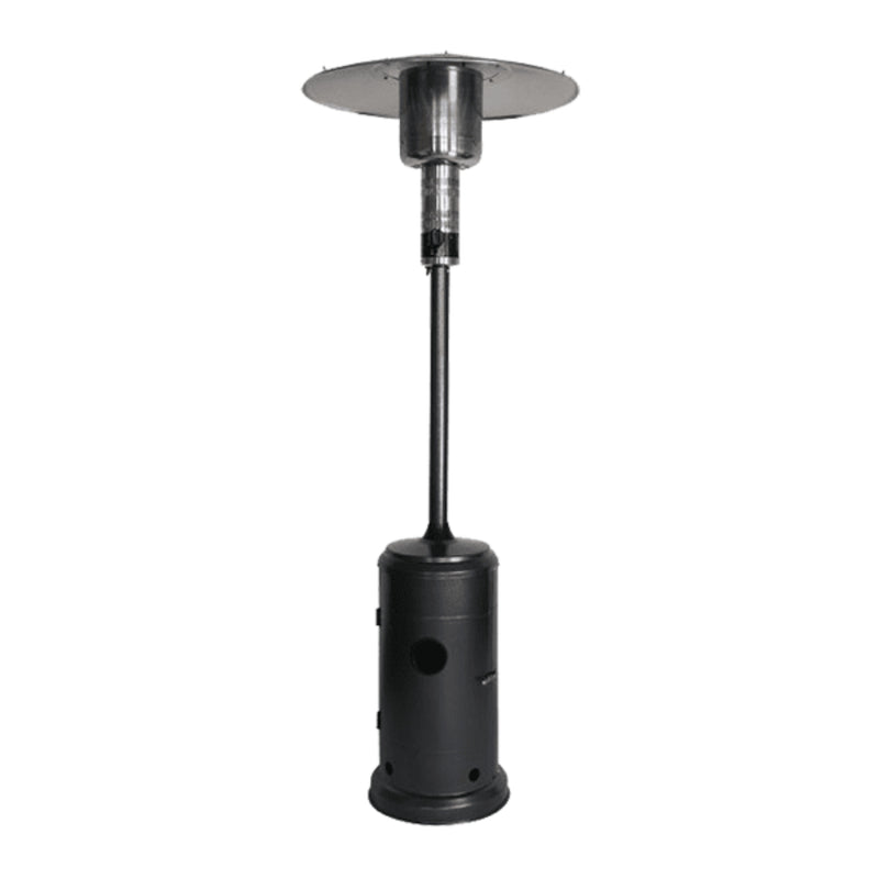 Black patio heater with metal top on a white background
