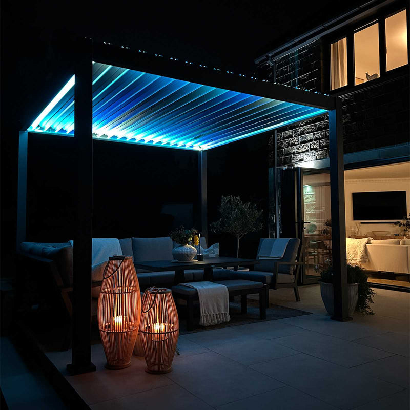 Outdoor patio area with illuminated pergola and seating
