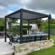 Garden pergola with outdoor furniture under a cloudy sky