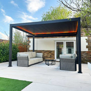 Outdoor patio with pergola, furniture, and garden setting