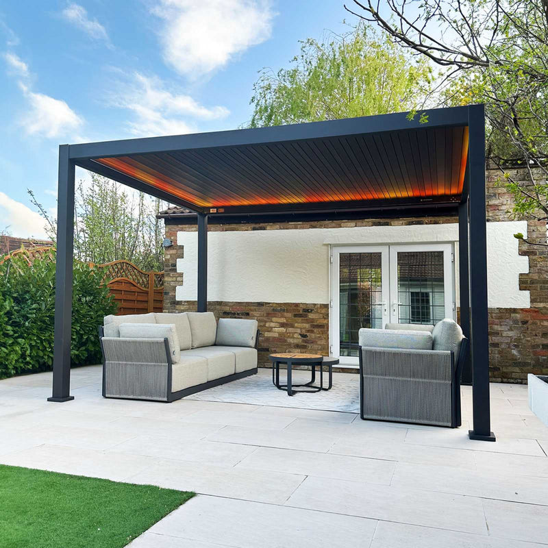 Outdoor patio with pergola, furniture, and garden setting