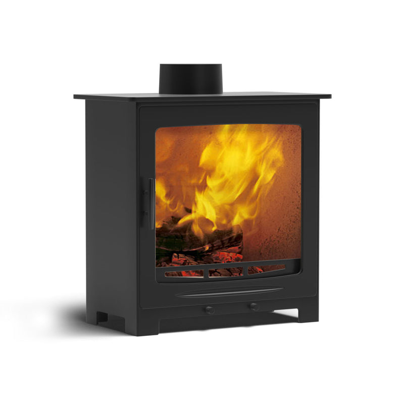 Black freestanding stove with visible flames on a white background