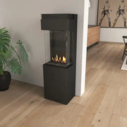 Modern black freestanding fireplace with flames in a room with wooden flooring and a plant.