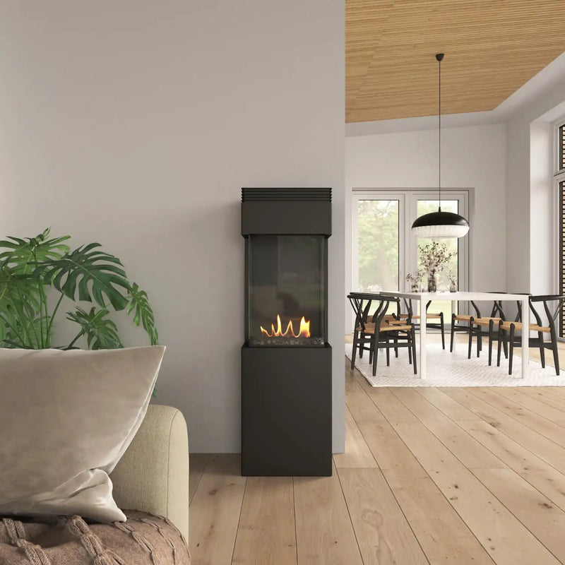 Modern living room with a freestanding fireplace, plant, and dining area.