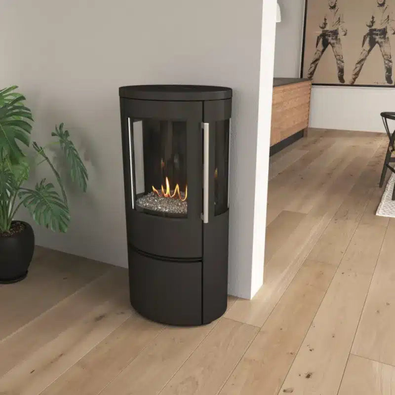 Modern black freestanding fireplace in a room with wooden flooring and a plant.