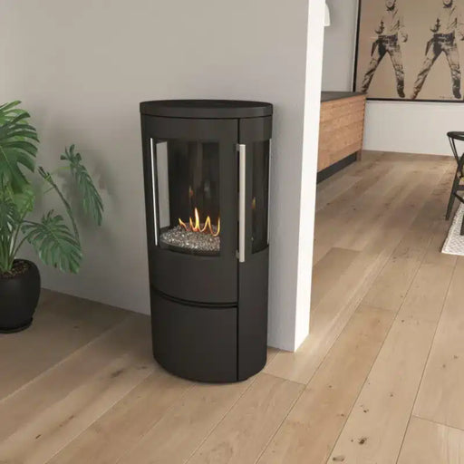 Modern black freestanding fireplace in a room with wooden flooring and a plant.