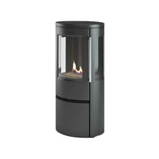 Black freestanding fireplace with visible flames on a white background