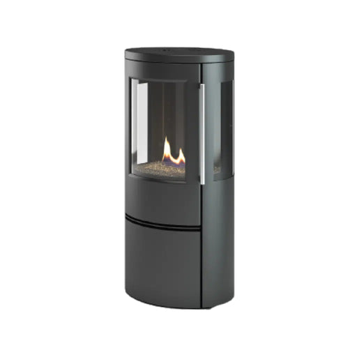 Black freestanding fireplace with visible flames on a white background