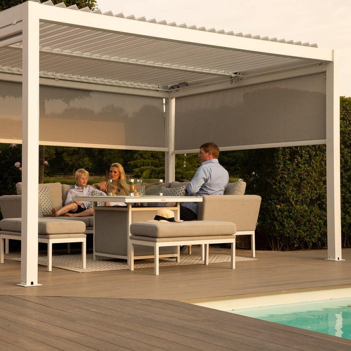 Maze Como - 3m x 4m Aluminium Metal Outdoor Garden Pergola with 4 Drop Sides & LED Lighting - White