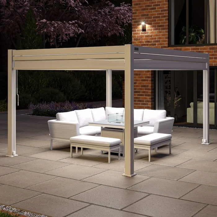 Maze Como - 3m x 3m Aluminium Metal Outdoor Garden Pergola with 4 Drop Sides & LED Lighting - White