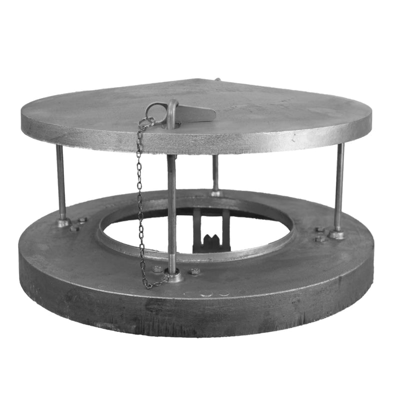 A gray Schiedel Garden Complete Top Ring, which is a chimney rain cap, made of rust-proof cast aluminium and stainless steel.