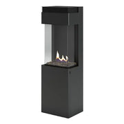 Modern black freestanding fireplace with visible flames on a white background