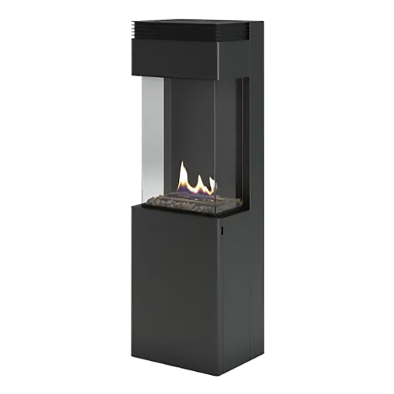 Modern black freestanding fireplace with visible flames on a white background